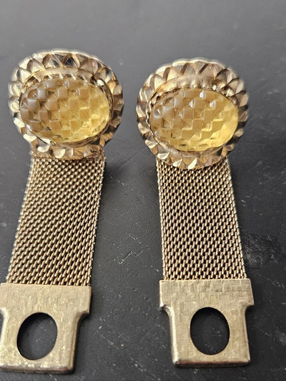 Vintage Gold Tone and Orange Faceted Plastic Oval Mesh Wrap Cuff Links